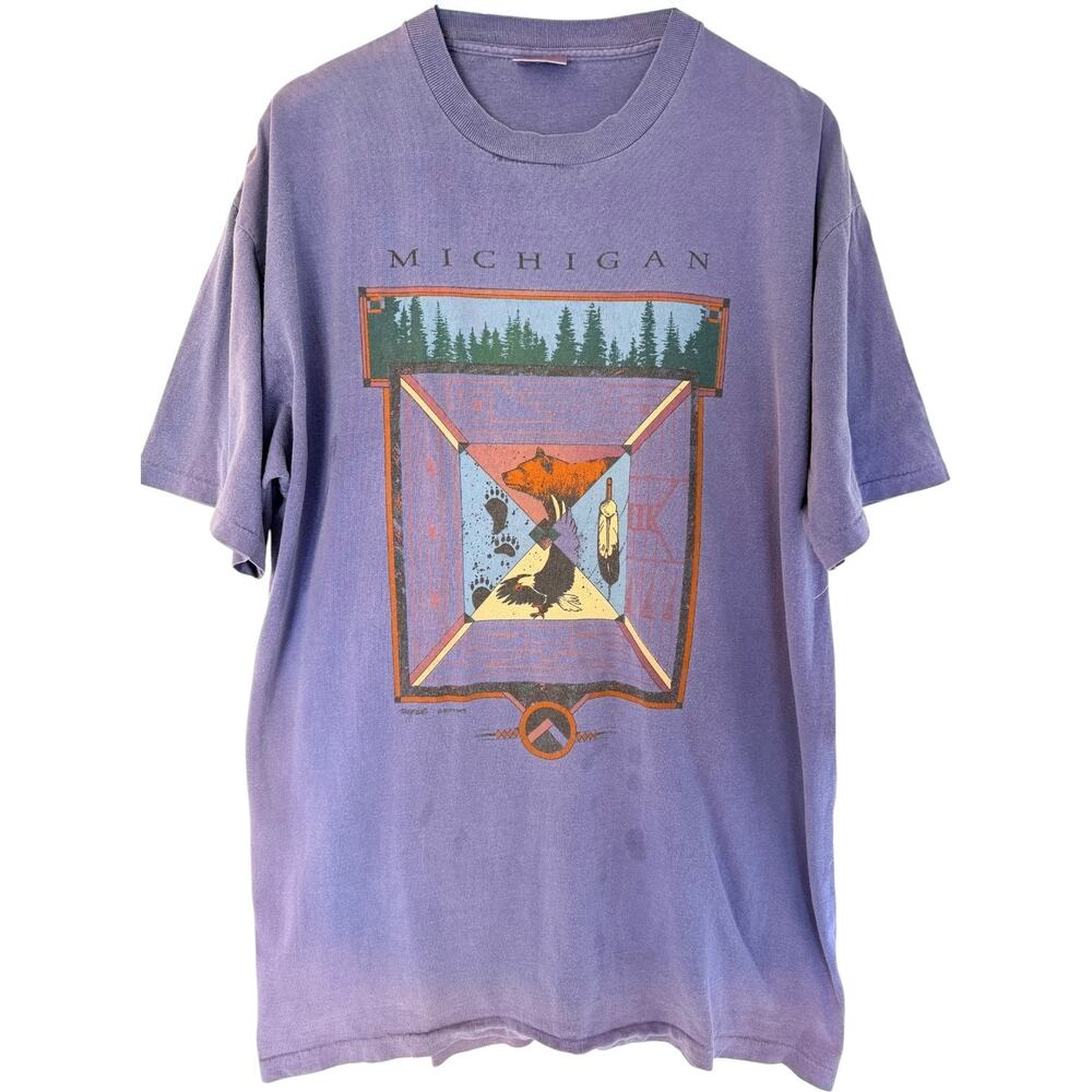 Michigan Graphic T Shirt Mens XL Purple Native American Art Vintage Style